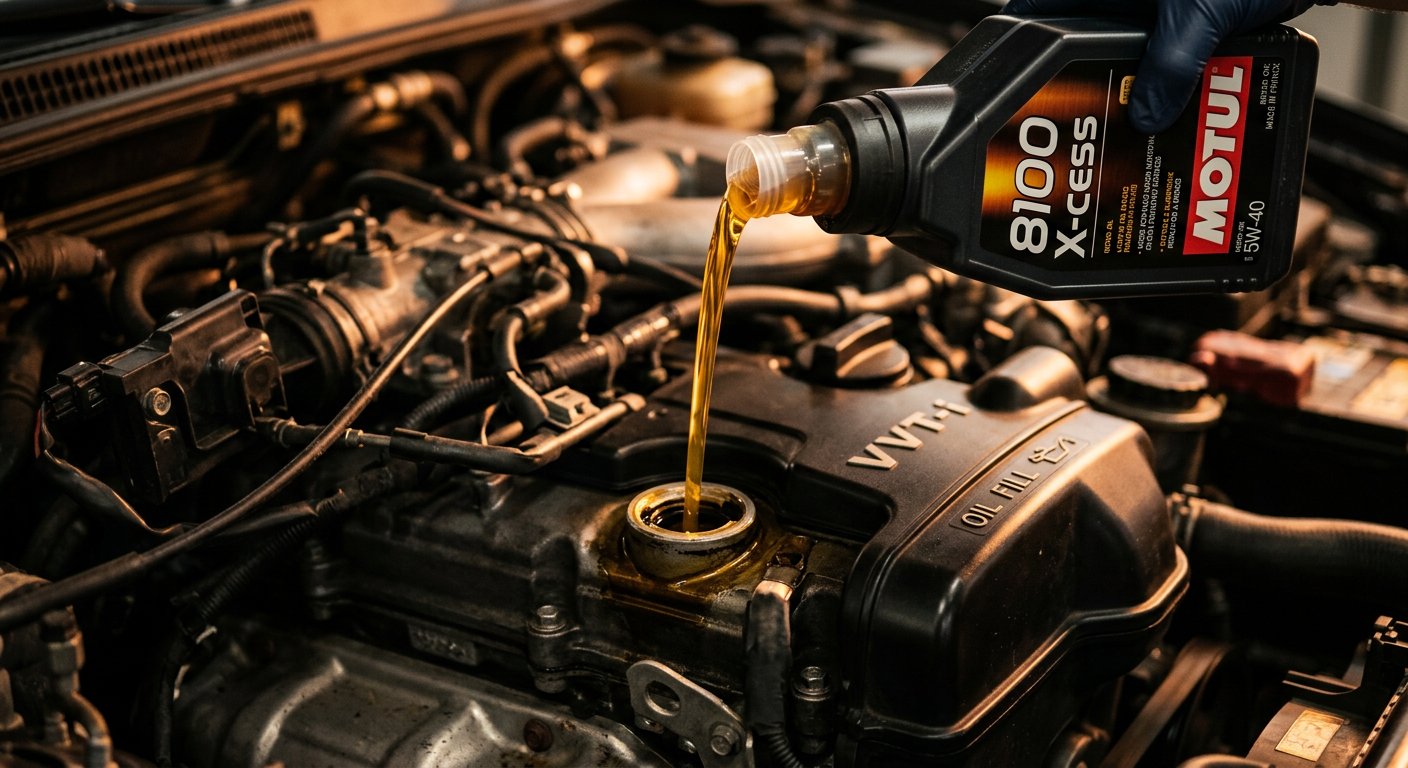 Fresh golden motor oil being poured into an engine