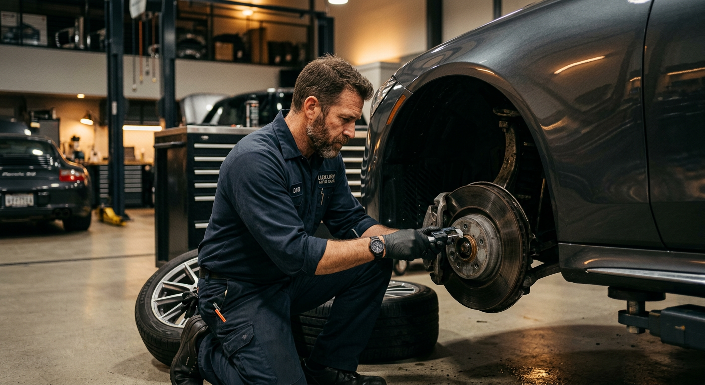 Mechanic inspecting the brake disc of a luxury car